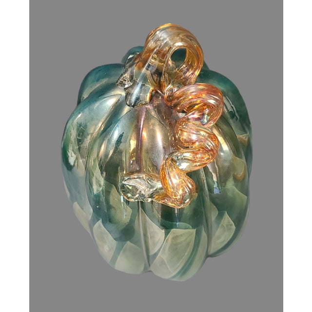 Late 20th Century Art Glass Hand Blown Teal Blue & Gold Iridescent Decorative Pumpkin For Sale - Image 6 of 8