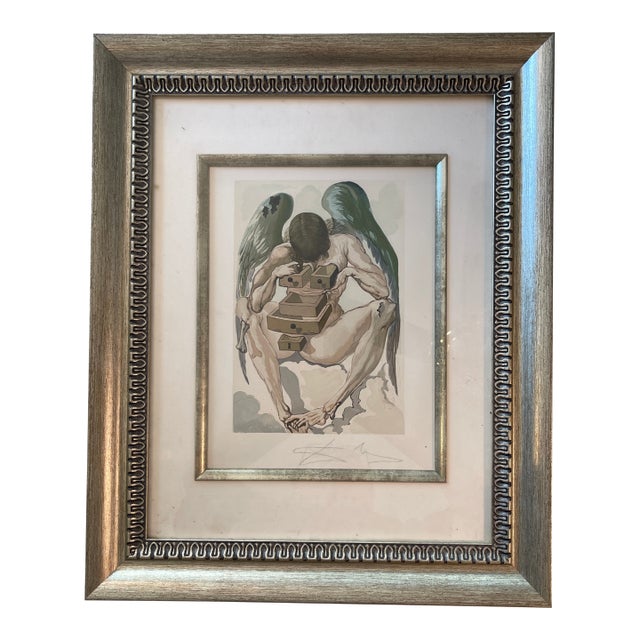 1960s “Fallen Angel by Salvador Dali. Hand Signed in Purple as Dali Custom Woodcut, 13 X 10 1/4 In. Print, Framed 22x17 3/4x1 1/2in., 1960 Orig., Fran For Sale