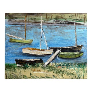 Early-21st Century Impressionist Acrylic-on-Canvas Waterfront Scene, Unframed For Sale