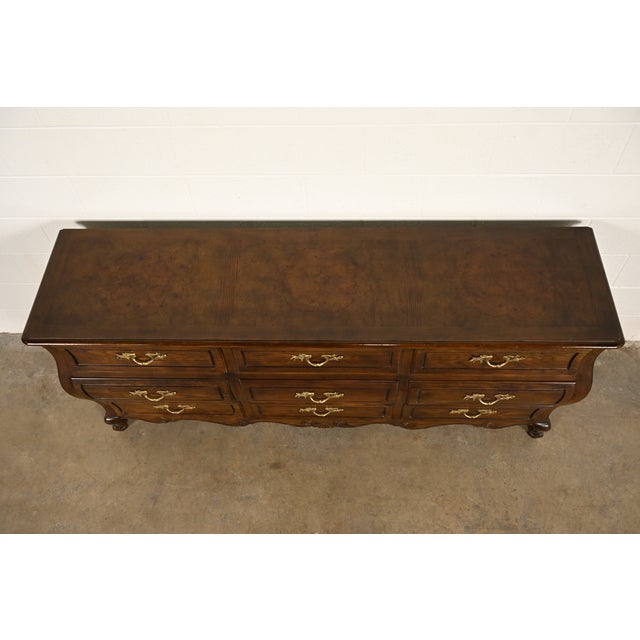 Baker Furniture French Provincial Louis XV Carved Oak and Burl Wood Triple Dresser or Credenza For Sale - Image 12 of 16