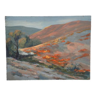 Vintage California Poppies Foothill Wildflower Landscape Painting Board Signed For Sale