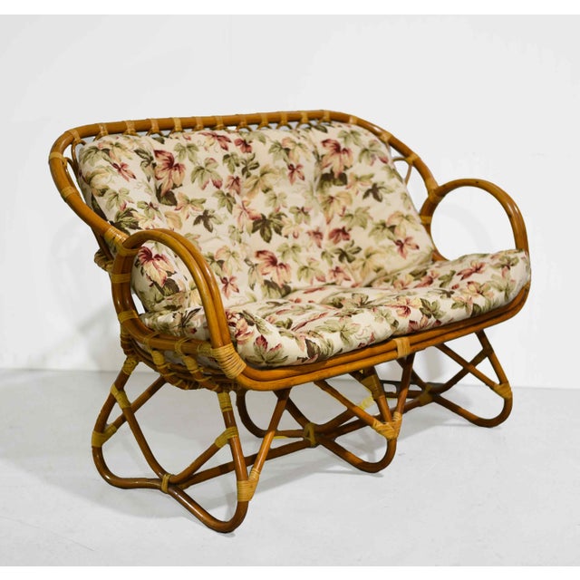 Contemporary Vintage Palm Beach 2 Strand Rattan Bamboo Loveseat in the Style of Franco Albini For Sale - Image 3 of 13