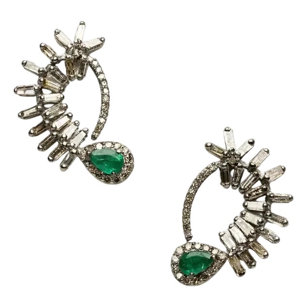 Emerald and Baguette Diamond Drop Stud Earrings For Sale