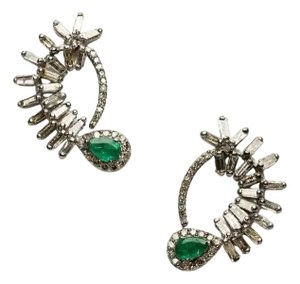Emerald and Baguette Diamond Drop Stud Earrings