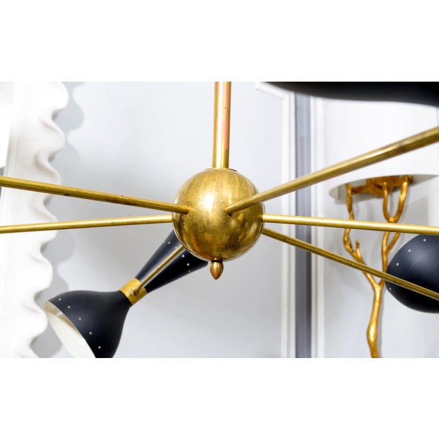 2020s Mid-Century Inspired Six-Arm Brass Fixture With Articulated Black Shades For Sale - Image 5 of 7