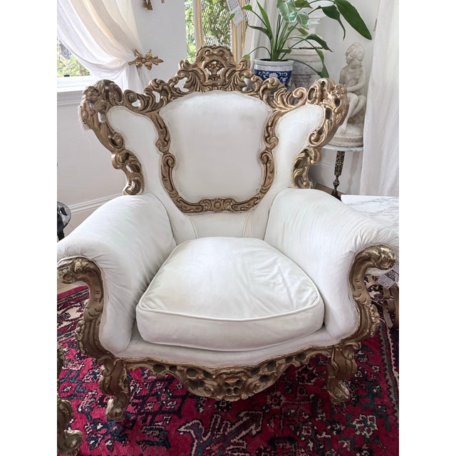 Late 20th Century Pair of Ornate Rococo Revival Gilt Carved Armchairs Down Filled For Sale In San Diego - Image 6 of 12