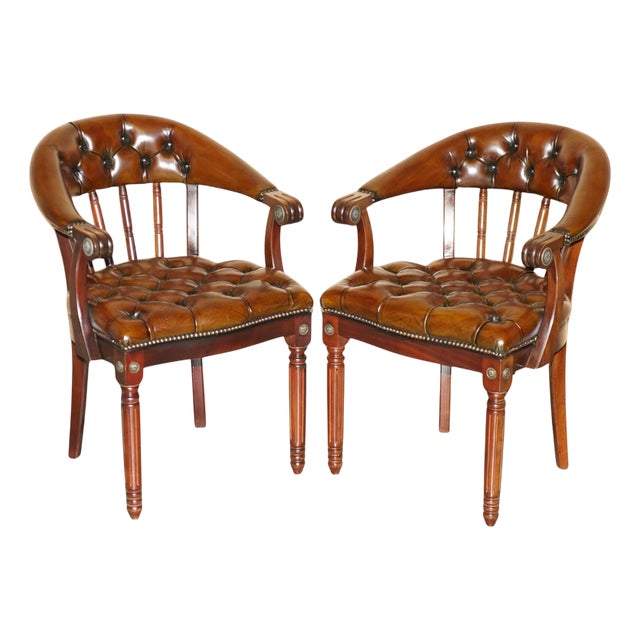 Set of Brown Leather Chesterfield Library Reading Armchairs For Sale