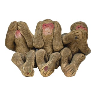 Early 20th Century Japanese Terracotta 3 Wise Monkeys No Evil See No Evil Speak No Evil Figurine For Sale