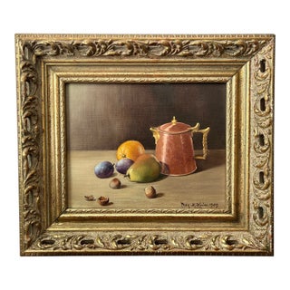 1959 Max H. Weiss Original Still Life Oil Painting – Fruit & Copper Teapot in Ornate Gold Carved Frame For Sale