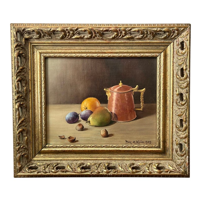 1959 Max H. Weiss Original Still Life Oil Painting – Fruit & Copper Teapot in Ornate Gold Carved Frame For Sale