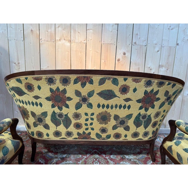 Wood Louis-Philippe Living Room Sofa and Armchairs in Rosewood and Floral Fabric, Set of 3 For Sale - Image 7 of 8