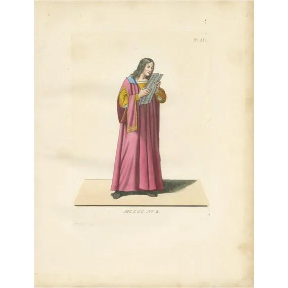 Medieval Singer in Pink Robe, France, 1845, Paper For Sale