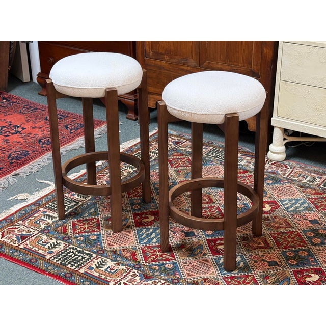 Dark Walnut + Boucle Counter Stools, Pair For Sale - Image 9 of 12