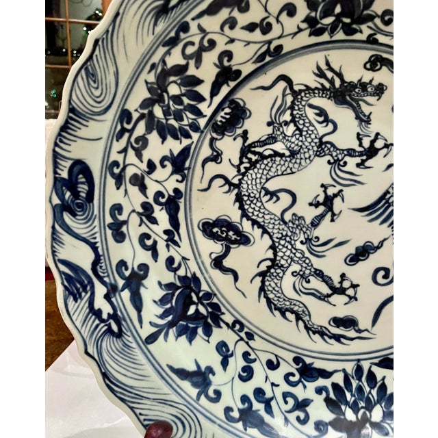 Blue Pair of Oversized Chinese Blue & White Porcelain Charger Plates With Dragon & Phoenix Motif – 17.4” For Sale - Image 8 of 12