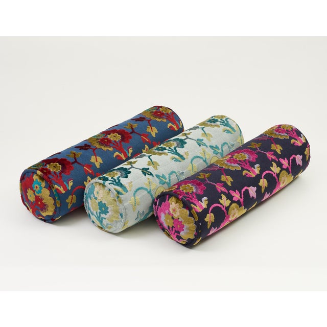 Victorian Schumacher Jennie Velvet Bolster Pillow in Peacock & Celadon For Sale - Image 3 of 9