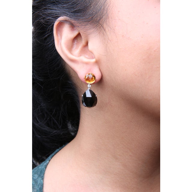 18K White and Yellow Gold 1/5 Cttw Diamond with Round Yellow Citrine and 20x15mm Pear Cut Black Onyx Gemstone Dangle Earring For Sale - Image 4 of 5