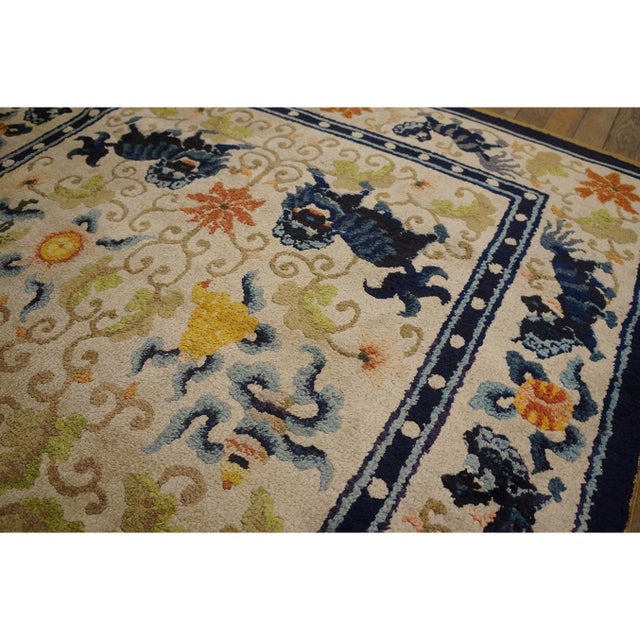 Ivory 1920s Ivory Navy Blue Colorful Antique Chinese Silk Carpet 4' X 7' Foo Dog Rug For Sale - Image 8 of 10