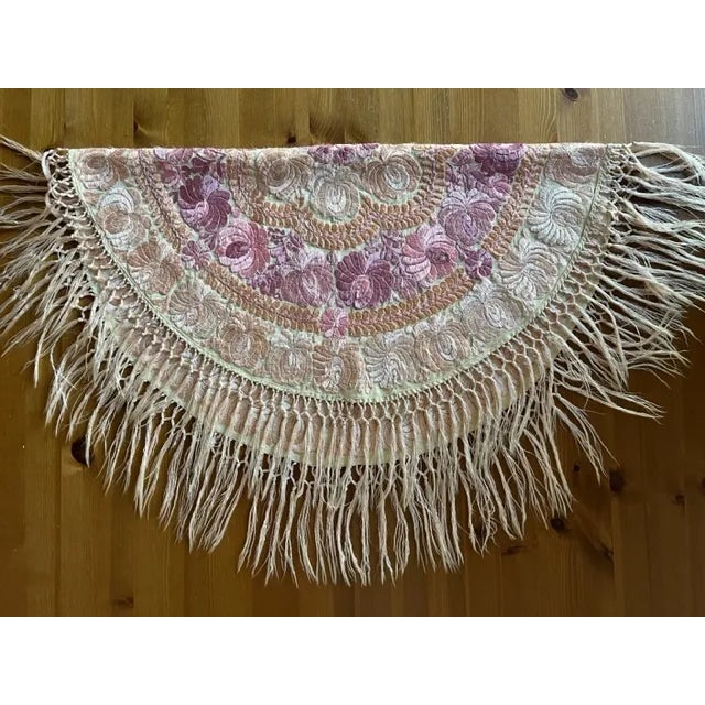 Antique Handmade Embroidered Round Tablecloth For Sale - Image 4 of 9