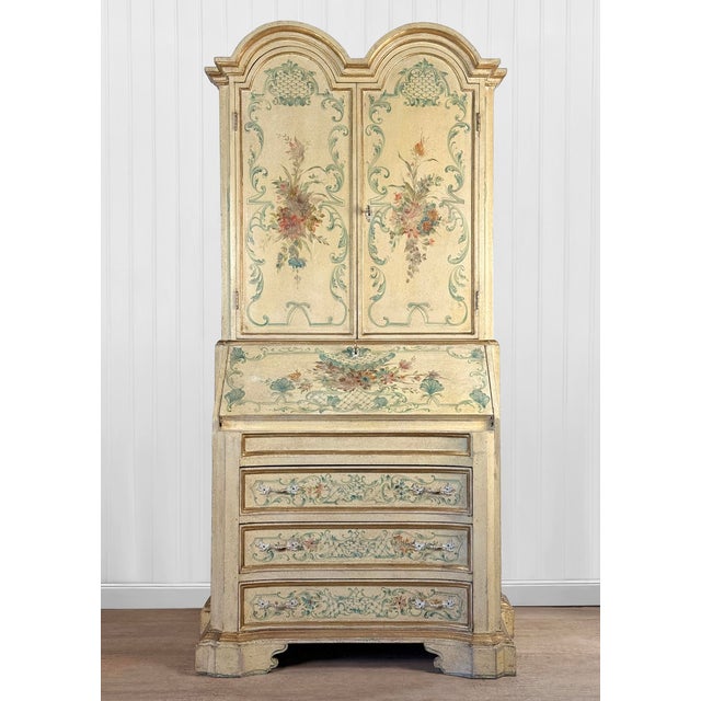 Vintage Italian Venetian Hand Painted Secretary Desk W/ Bookcase Top For Sale - Image 4 of 17