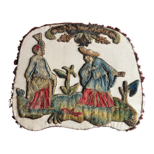 Antique 18th Century English Needlework Stumpwork Embroidery Panel of Exotic Figures in Landscape Fashioned as a Fire Screen