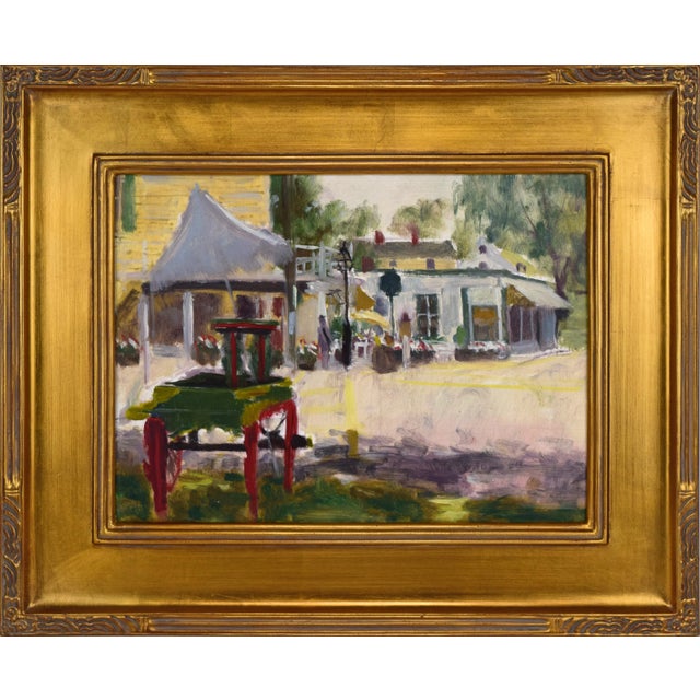 Wood Vintage American Impressionist Landscape/Cityscape Painting of a Downtown by Harry Barton For Sale - Image 7 of 7
