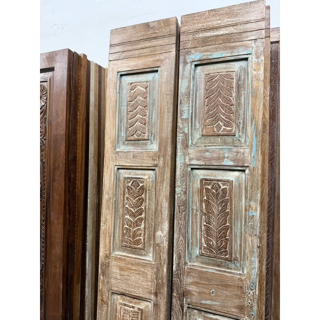 Antique Blue Floral Carved Pantry Doors – Rustic Hand-Carved Double Doors, Hinged or Sliding 80 For Sale - Image 4 of 6