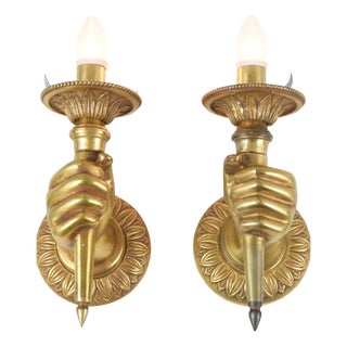 Brass Hand Wall Sconces by Andre Arbus, 1960s, Set of 2 For Sale