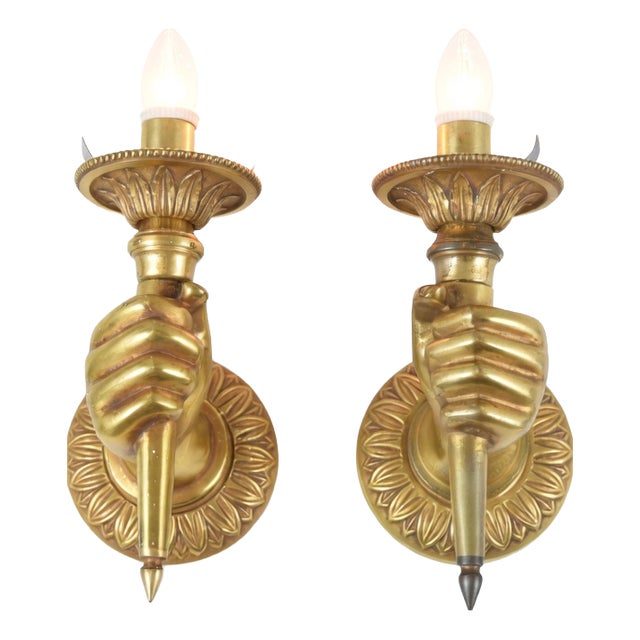 Brass Hand Wall Sconces by Andre Arbus, 1960s, Set of 2 For Sale