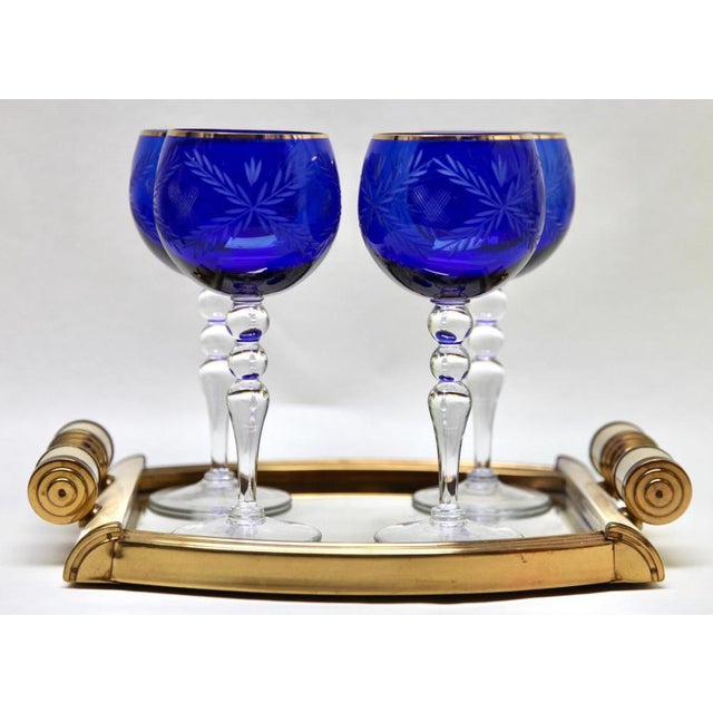 Art Deco set of five cuts to clear crystal stem glasses. Serving tray Brass with Mirror finish Size tray 30 cm x 24 cm /...