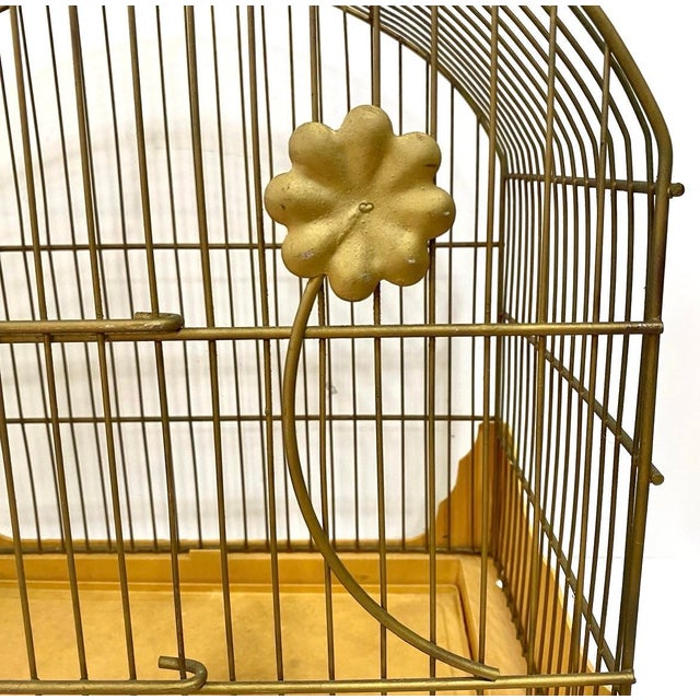 Vintage 1950s Hollywood Regency Gold Metal Bird Cage With Floral Accents For Sale In Louisville - Image 6 of 10