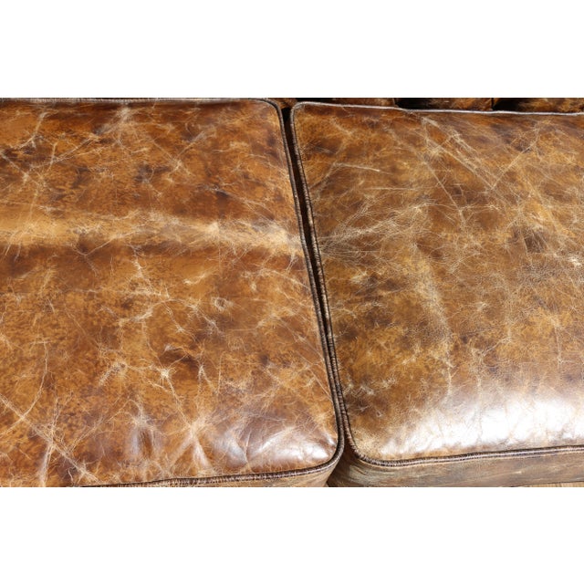 Industrial Distressed Brown Leather Chesterfield Sofa – Three Seat Tufted Sofa With Nailhead Trim & Casters For Sale - Image 9 of 18