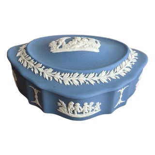 Vintage Wedgwood Blue Jasperware Oval Trinket Box For Sale