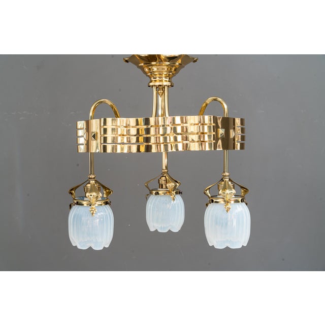 Metal Jugendstil Chandelier with Opaline Glass Shades, Vienna, Austria, 1910 For Sale - Image 7 of 18