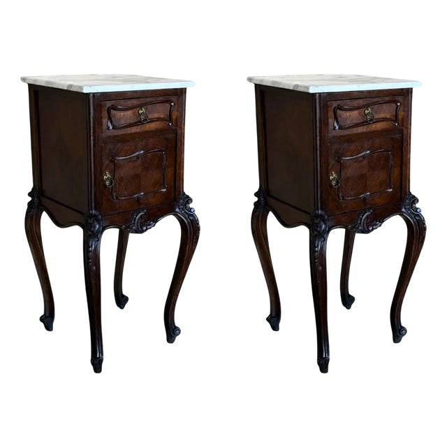 Antique French Mahogany Nightstands with Marble Tops, 1900s, Set of 2 For Sale