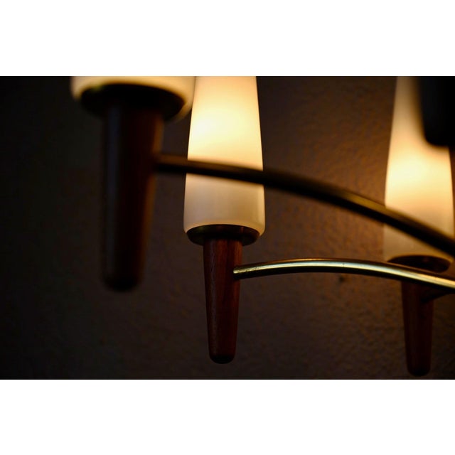 Mid-Century Scandinavian 8-Arm Chandelier in Teak, Brass and Opaline Glass, 1950s For Sale - Image 6 of 13