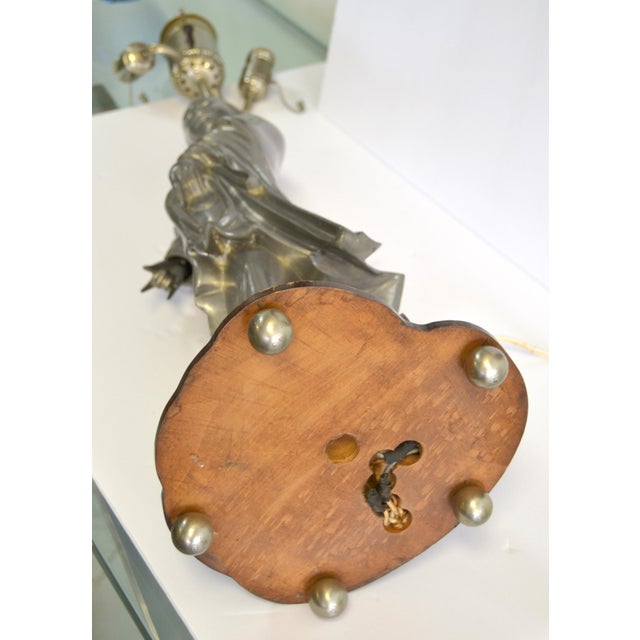 1950s Modernist Oriental Pewter Wood Sculpture Table Lamp With Shade For Sale - Image 9 of 11