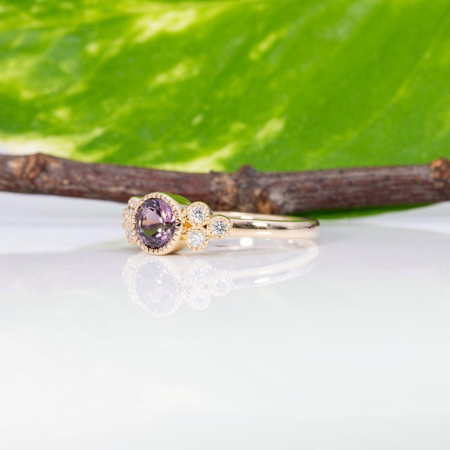 Metal Purple Spinel Ring With Earth-Mined Diamond Accents: Solid 14k Gold, Round 4mm, Size 6.75 For Sale - Image 7 of 9
