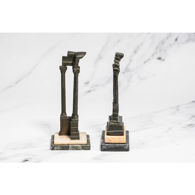 Lovely Pair Antique Small Miniature Bronze Roman Temple Models, Grand Tour Vespasian Castor Pollux Marble Base Neoclassical For Sale - Image 13 of 15