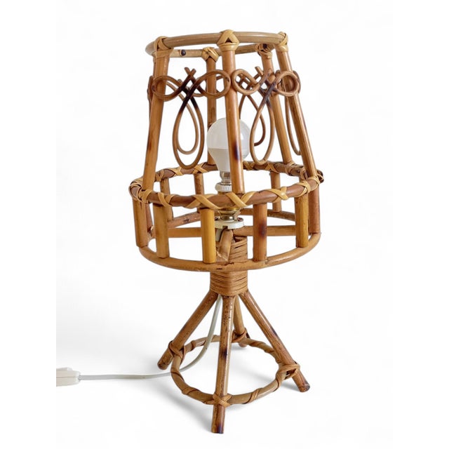Louis Sognot Mid-Century Bamboo Rattan Table Lamp in the style of Louis Sognot, 1960s For Sale - Image 4 of 15