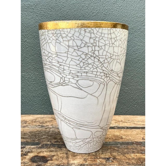 Vintage Italian Gold Rimmed Crackle Ceramic Vase For Sale - Image 12 of 12