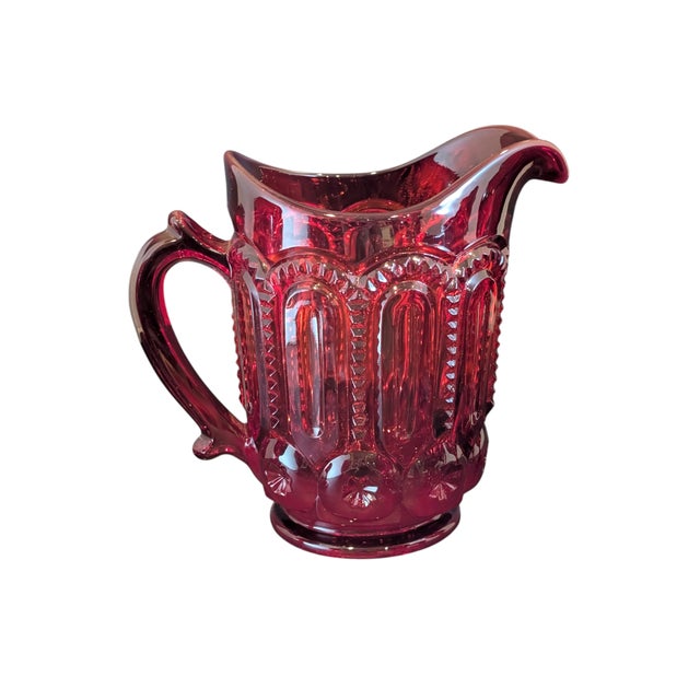 Mid-Century Modern Mid 20th Century Mid Century Modern l.e. Smith Ruby Red Glass Pitcher & Cup Goblet Set Moon and Stars Pattern - Set of 9 For Sale - Image 3 of 10
