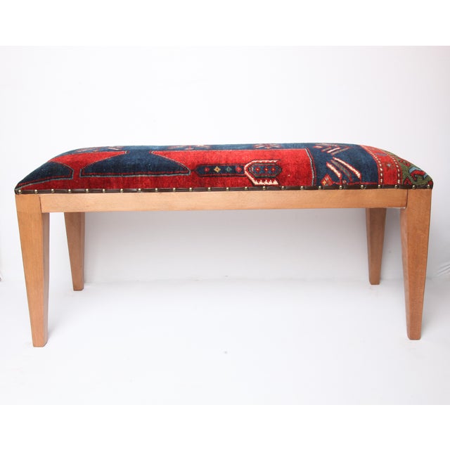 2020s Antique Kazak Wool Rug Upholstered Bench, Rustic Tribal Accent Bench With Wooden Legs For Sale - Image 5 of 11