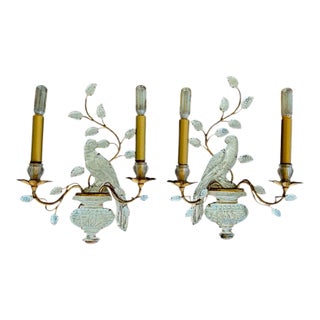 1930's Maison Baguès Aviary Rock Crystal Parrot and Urn Wall Sconces- A Pair For Sale