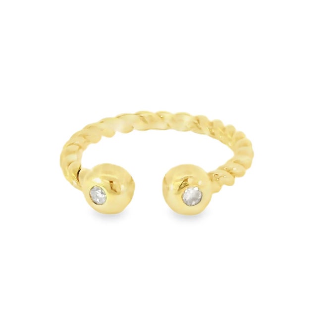 14K Yellow Gold Estate Twisted Diamond Pinky Band Ring. This elegant estate piece features two brilliant round diamonds...