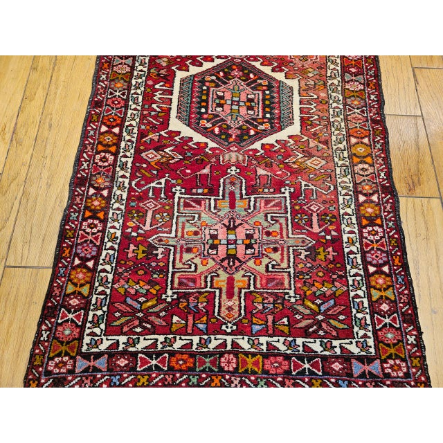 Antique Persian Heriz Karajeh Runner, Hand-Knotted Wool, Geometric Medallion Pattern, Red & Navy, 4x14 For Sale - Image 15 of 18