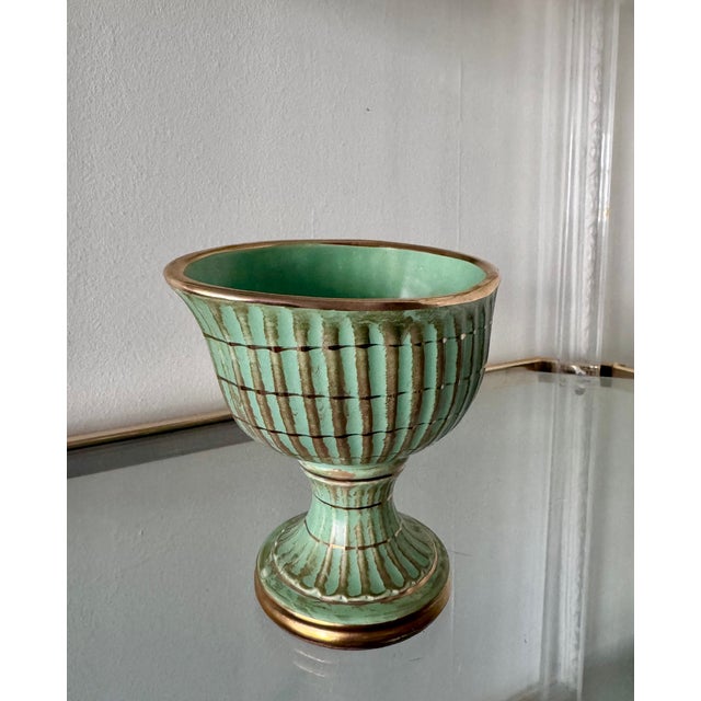 Mid-Century Modern Vintage Hull Art Pottery Gilded Green Pedestal Planter/Vase For Sale - Image 3 of 4