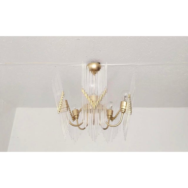 Rare 1970s Brass & Glass Rod Chandelier | 5-Light Vintage Fixture | Restored Mid Century Lighting For Sale - Image 12 of 14