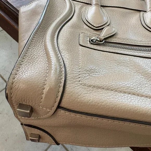 Late 20th Century Celine by Phoebe Philo Taupe Dune Neutral Drummed Calfskin Micro Luggage Tote Bag For Sale - Image 13 of 16