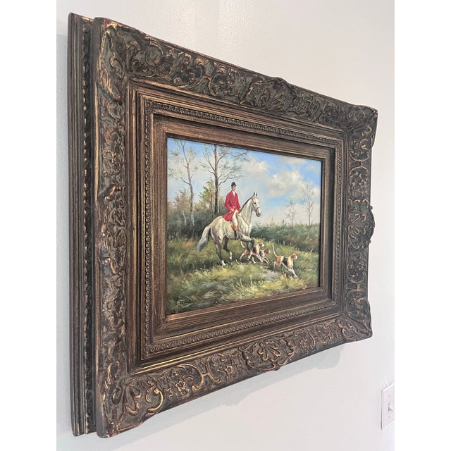 English Vintage Fox Hunt Oil Painting Signed Luici in Ornate Carved Frame For Sale - Image 3 of 8