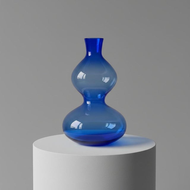 Vintage Hand Blown Blue Studio Art Glass Vase-Translucent-Double Gourd-Bottle For Sale - Image 6 of 9